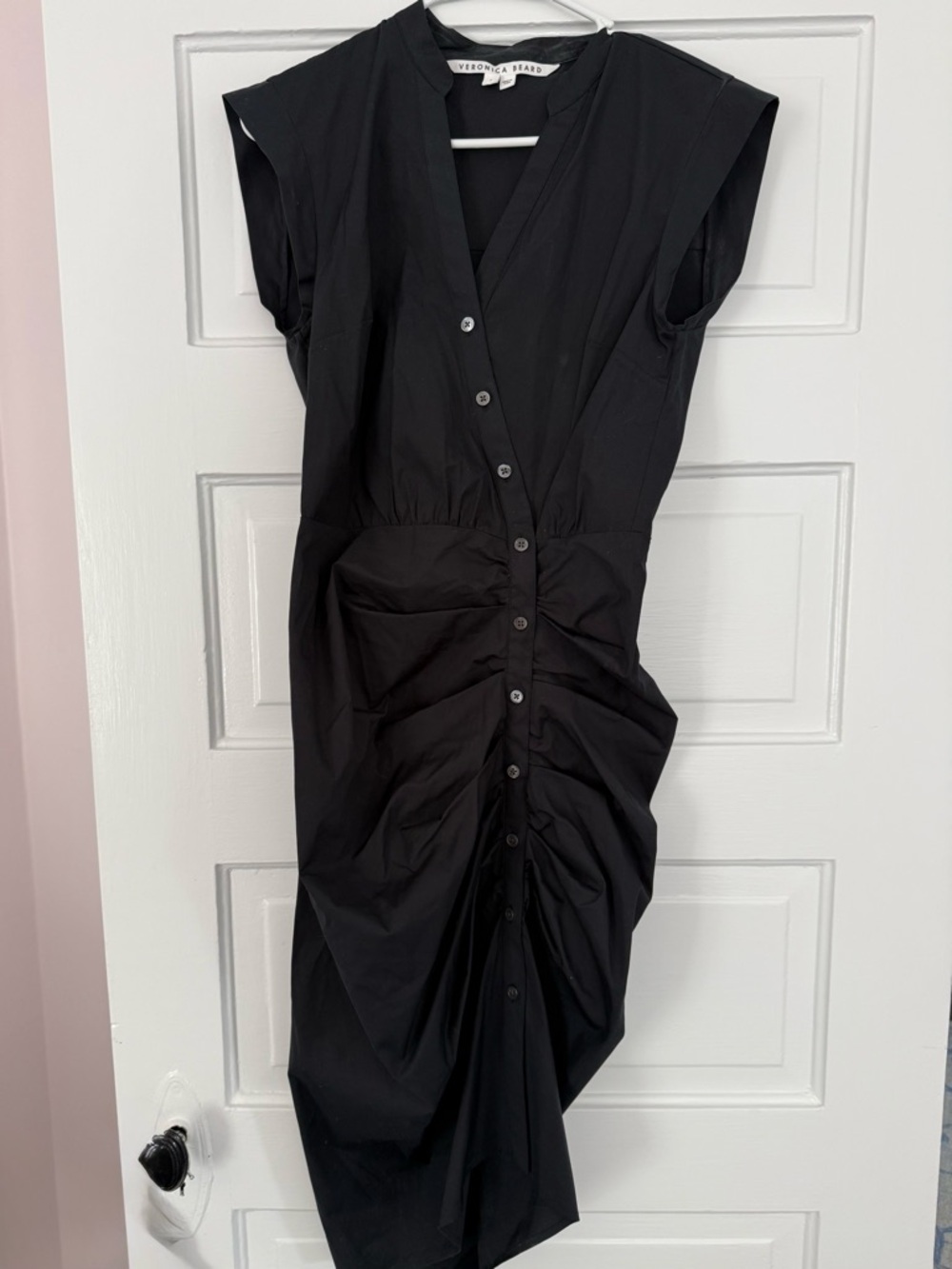 Veronica Beard Black Ruched Button-Front Midi Dress